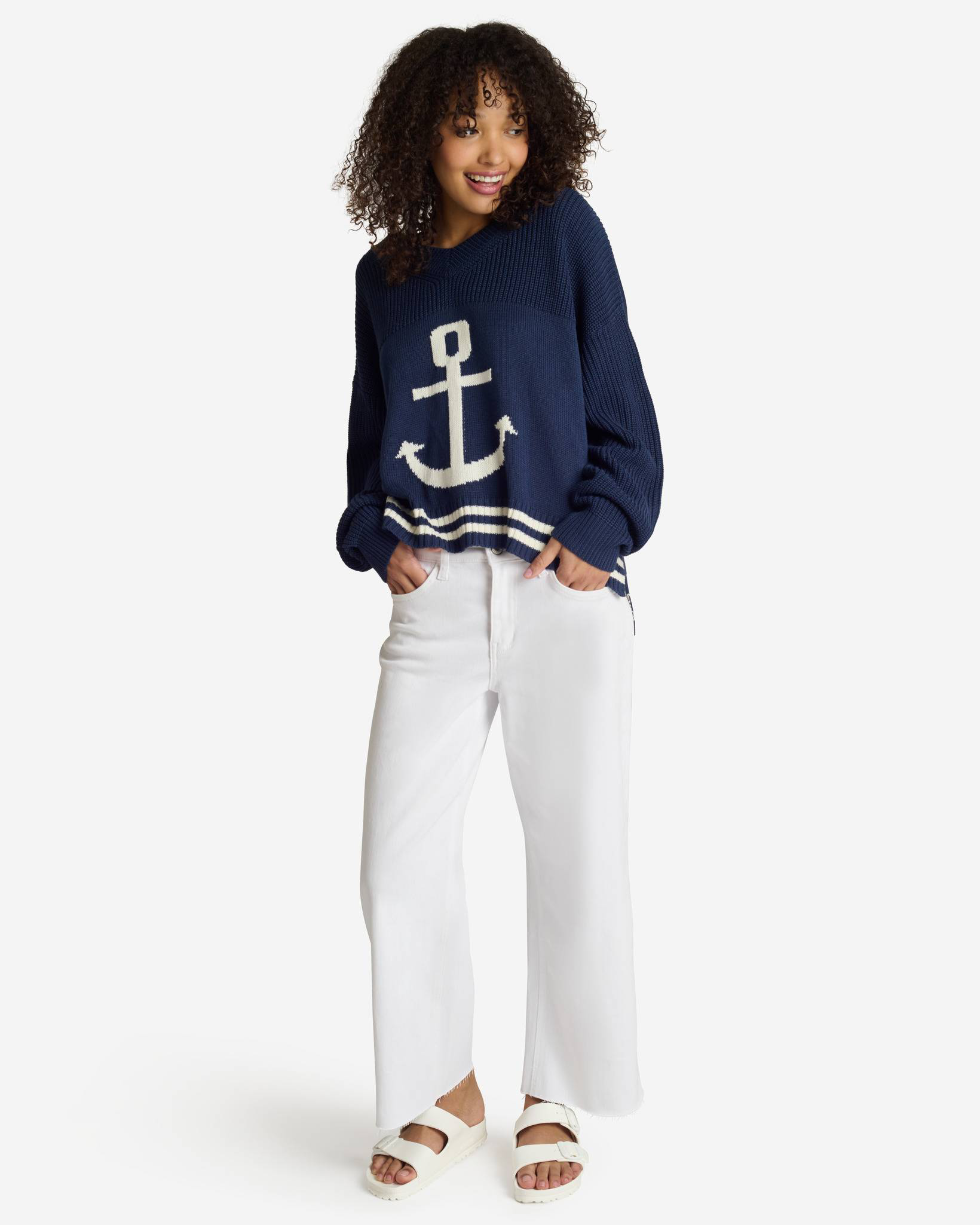 Intarsia White Anchor V-Neck Sweater in Navy | mia & tess | Uncharted