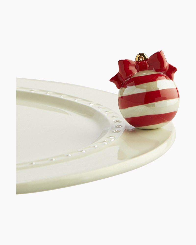 mini Striped Ornament with Red Bow Ceramic Platter Ornament