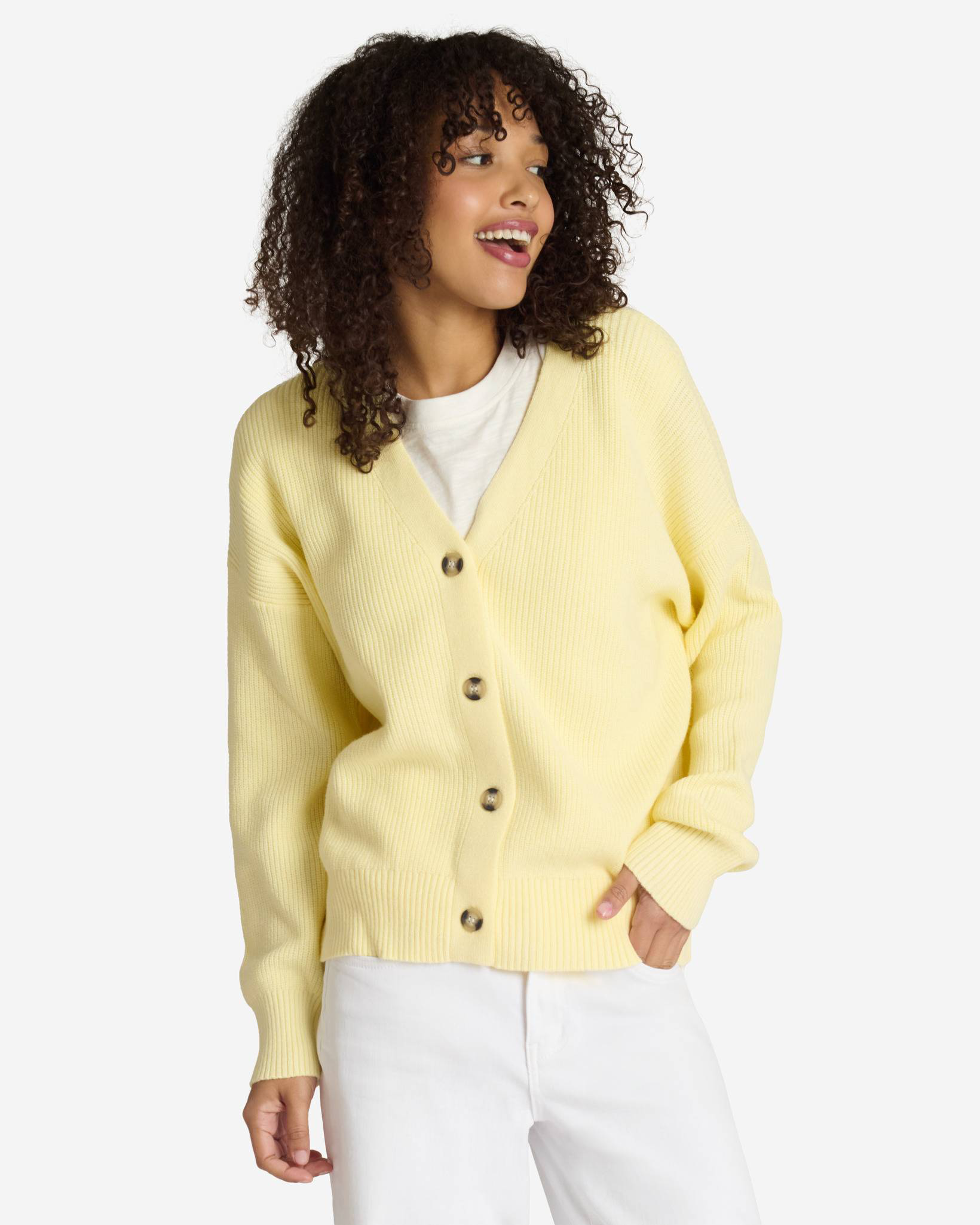 Vertical Knit V-Neck Cardigan in Yellow | mia & tess | The Paper Store