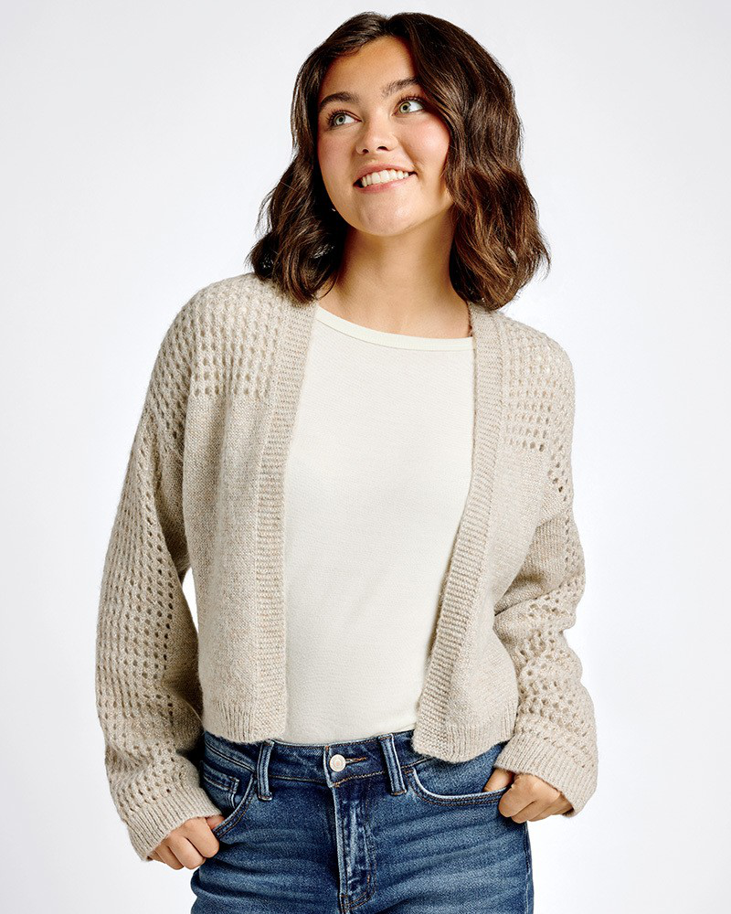 Mesh Knit Textured Cardigan in Taupe | Mia & Tess | The Paper Store