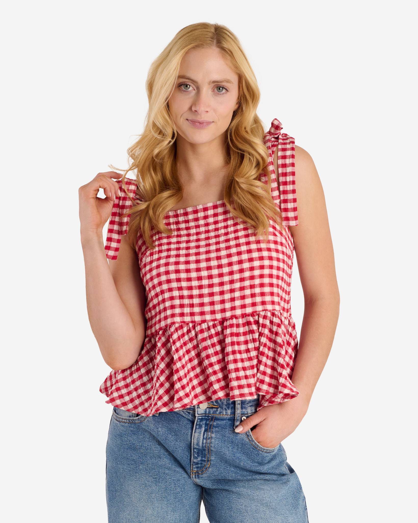 Gingham Tie Sleeve Ruffle Bottom Tank in Red | By Together Apparel ...