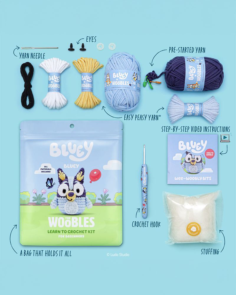 Contents of The Woobles Bluey crochet kit