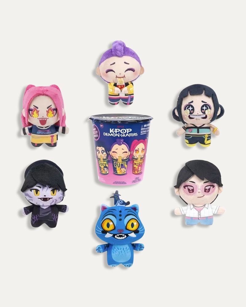 KPop Demon Hunters mini plush characters with the ramen cup