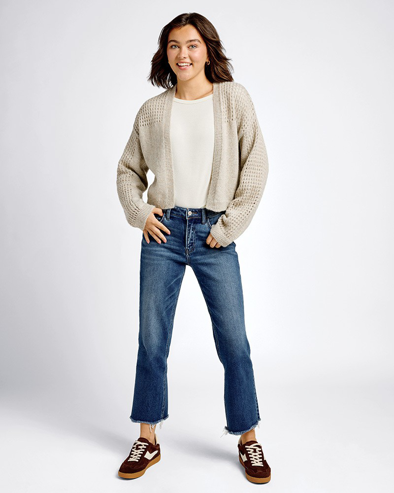 Mesh Knit Textured Cardigan in Taupe | Mia & Tess | The Paper Store