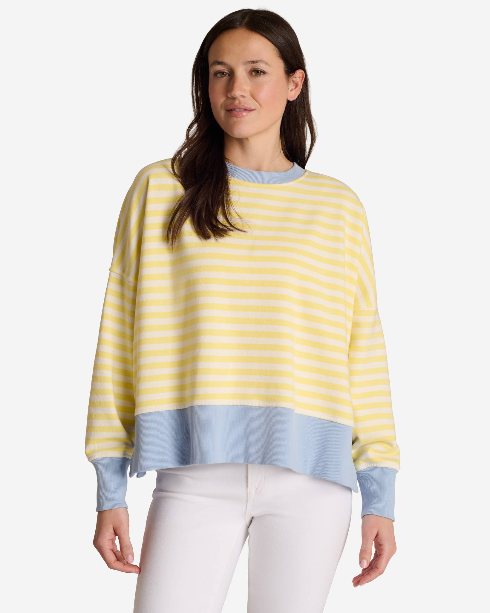 Oversized Striped Blue Trim Top in Yellow and White | Uncharted