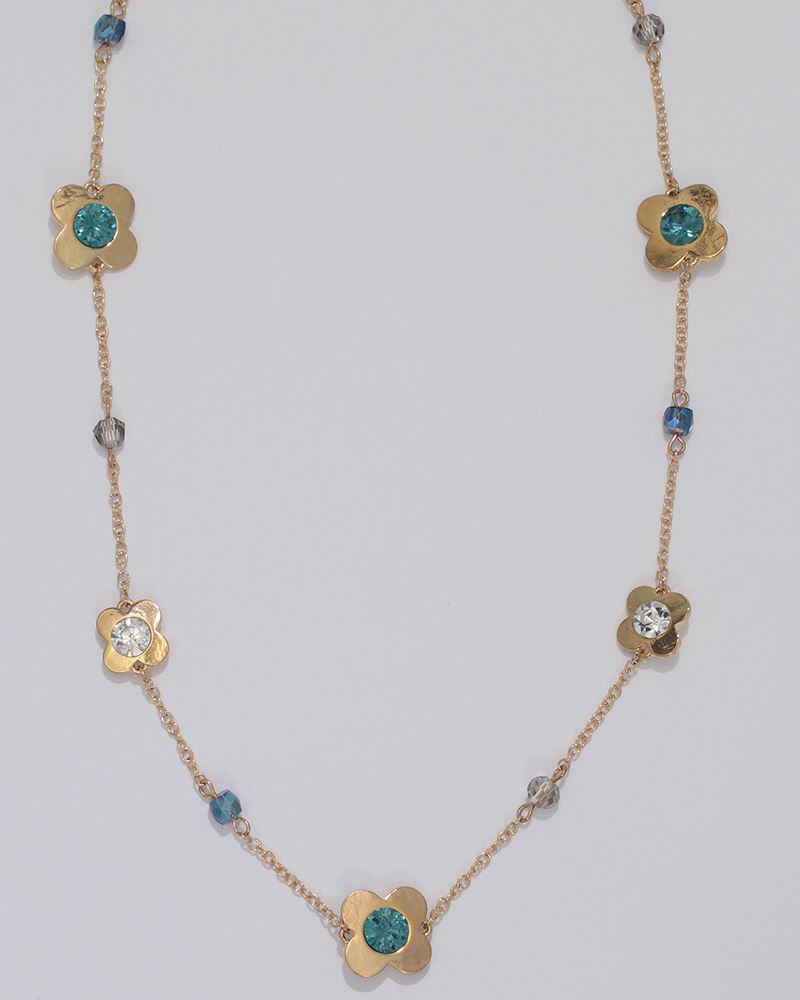 Teal and Clear Crystal Clover Station Necklace in Gold | Periwinkle by ...