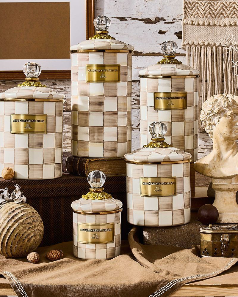 ぴ*ち様 マッキー社Mckアイボリーメジャーカップ Mocha Check Medium Canister | MacKenzie-Childs | The Paper Store