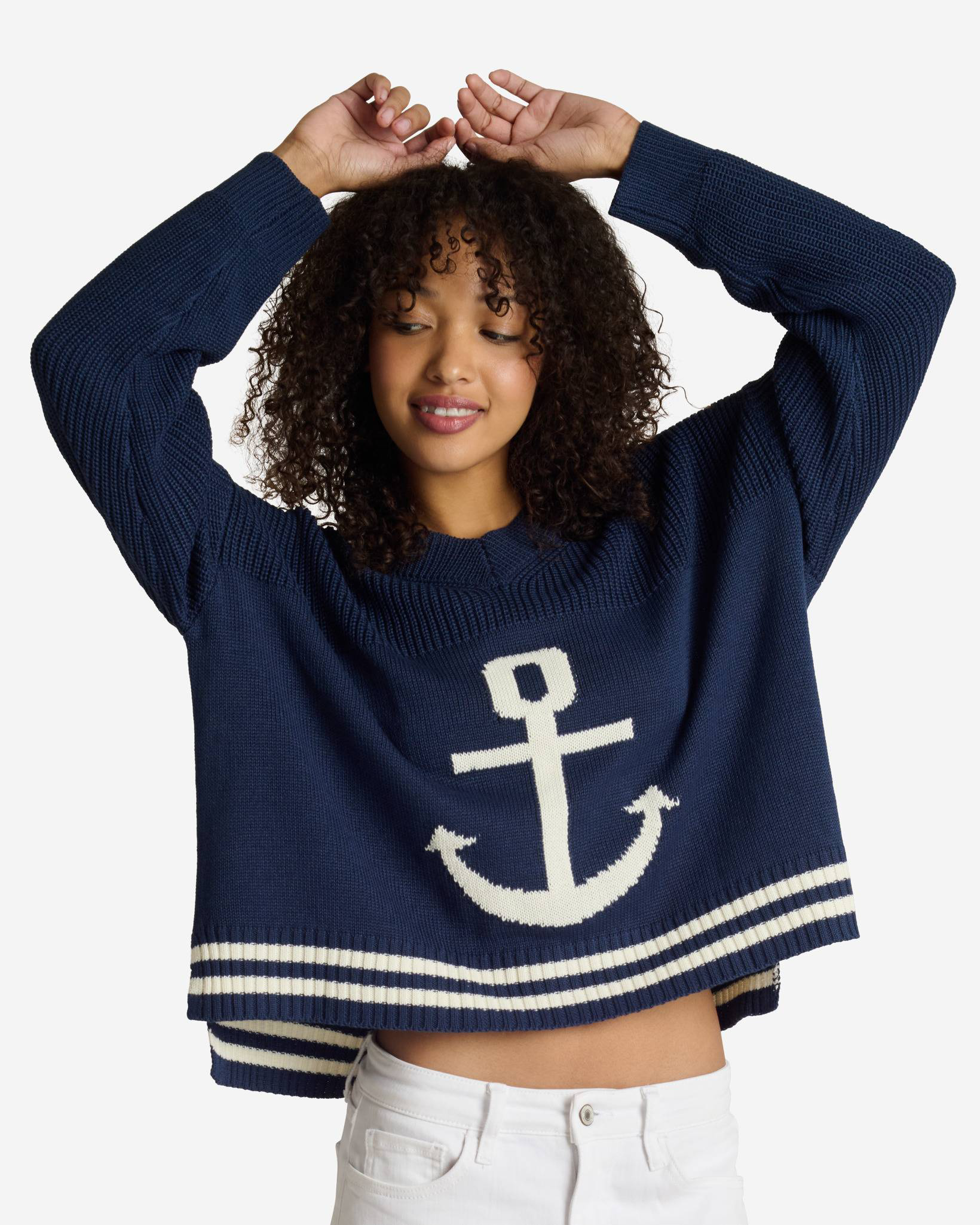 Intarsia White Anchor V-Neck Sweater in Navy | mia & tess | Uncharted