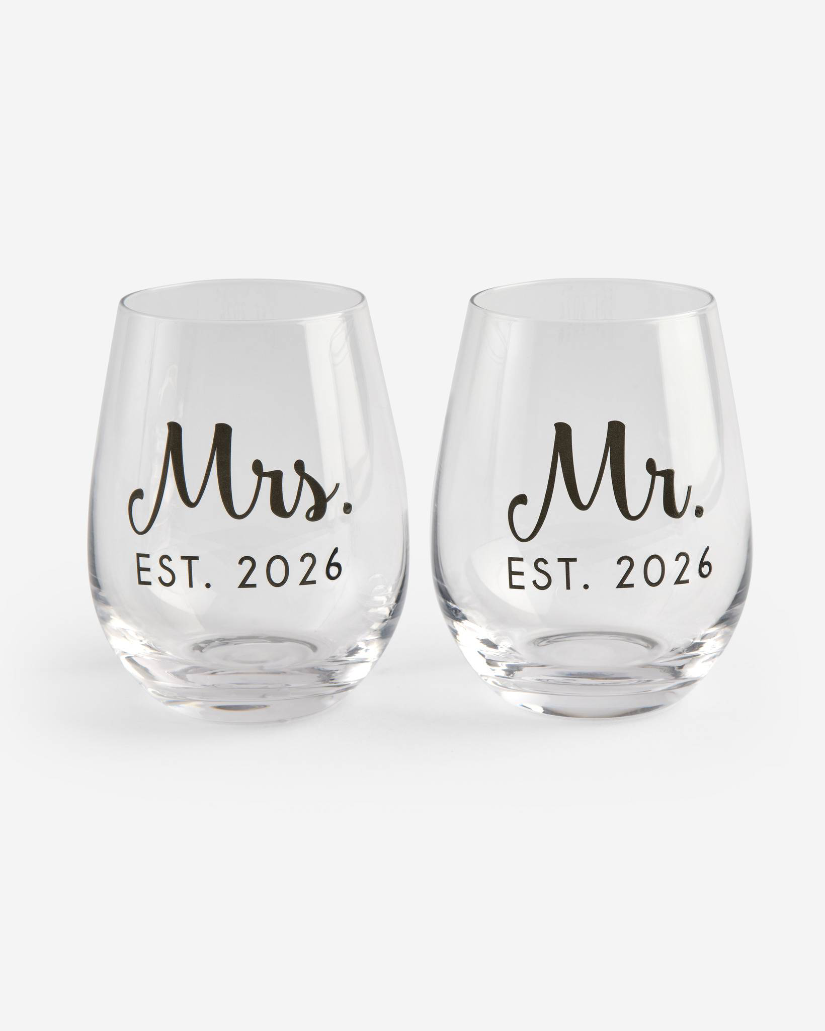 Mr. and Mrs. Est. 2026 Stemless Wine Glass Set | Legacy & Main | Uncharted