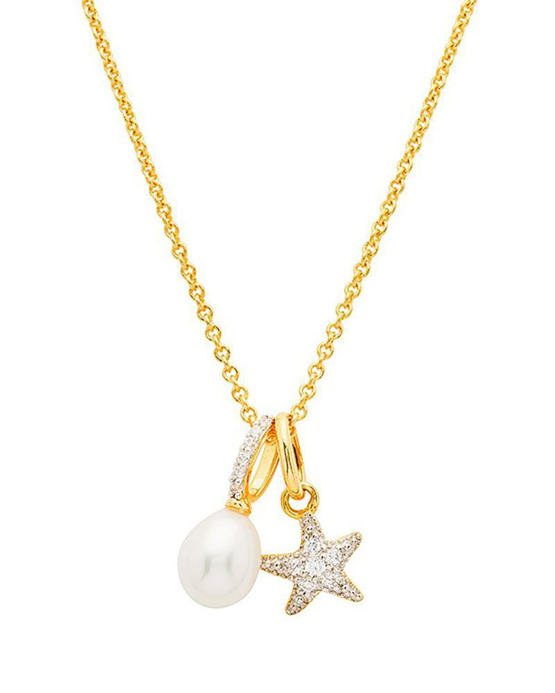 14KT Gold Vermeil Starfish and Pearl Necklace with Cubic Zirconia