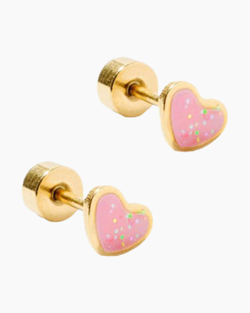 Nora Heart Pink Screwback Stud Earrings in Gold | Linny CO | The