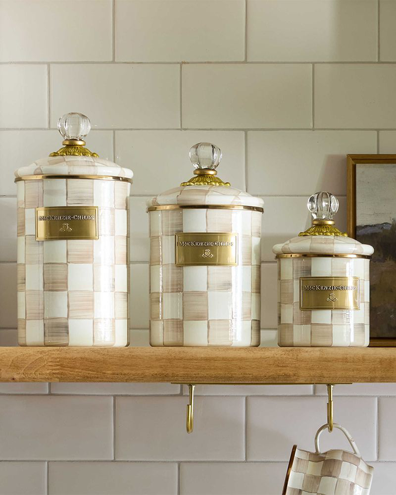 ぴ*ち様 マッキー社Mckアイボリーメジャーカップ Mocha Check Medium Canister | MacKenzie-Childs | The Paper Store