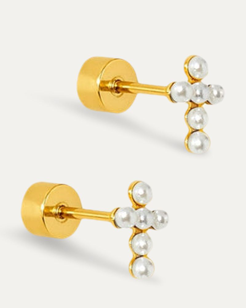Clara Cross Pearl Screwback Stud Earrings in Gold | Linny CO | The