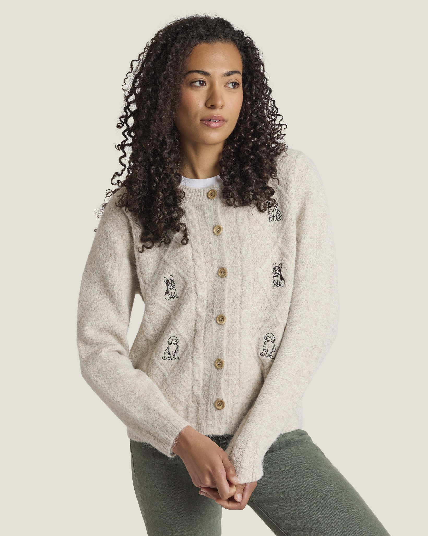 Ditsy Dogs Embroidered Button-Up Cardigan in Taupe | mia & tess