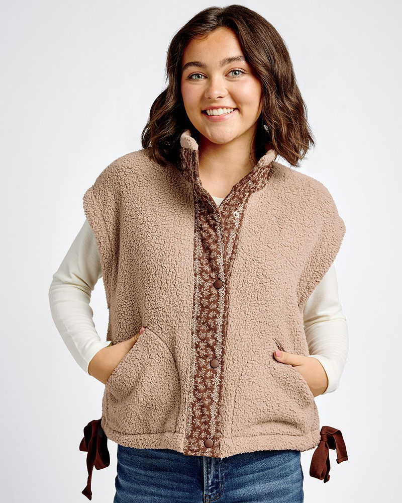 Side Bows Sherpa Fleece Vest in Mocha | Uncharted Threads | The