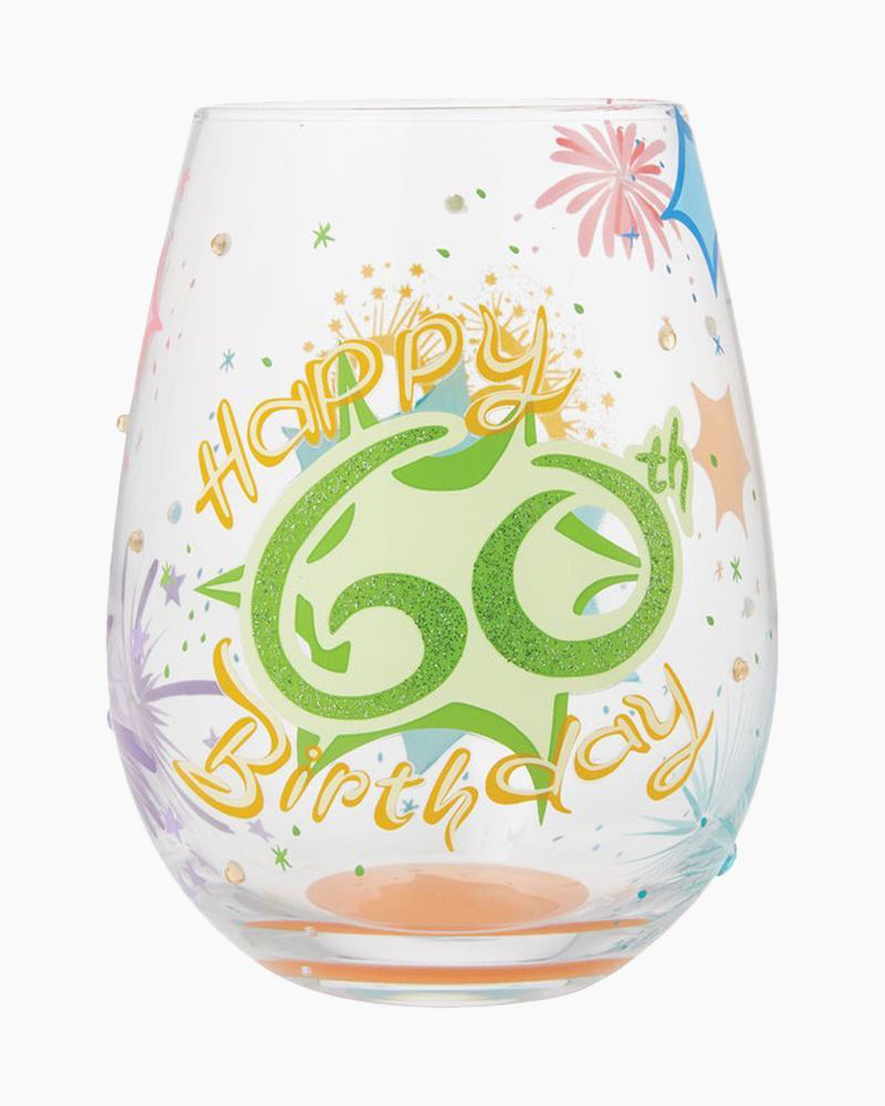 Happy 60th Birthday Hand Painted Stemless Wine Glass
