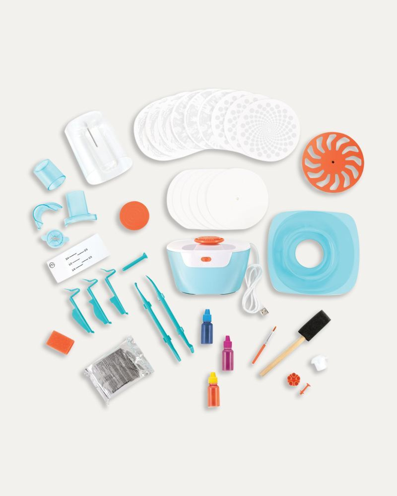 Contents of the Make It Real pottery and spin art kit