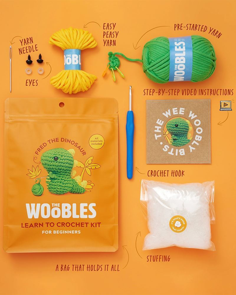 Contents of The Woobles dinosaur crochet kit