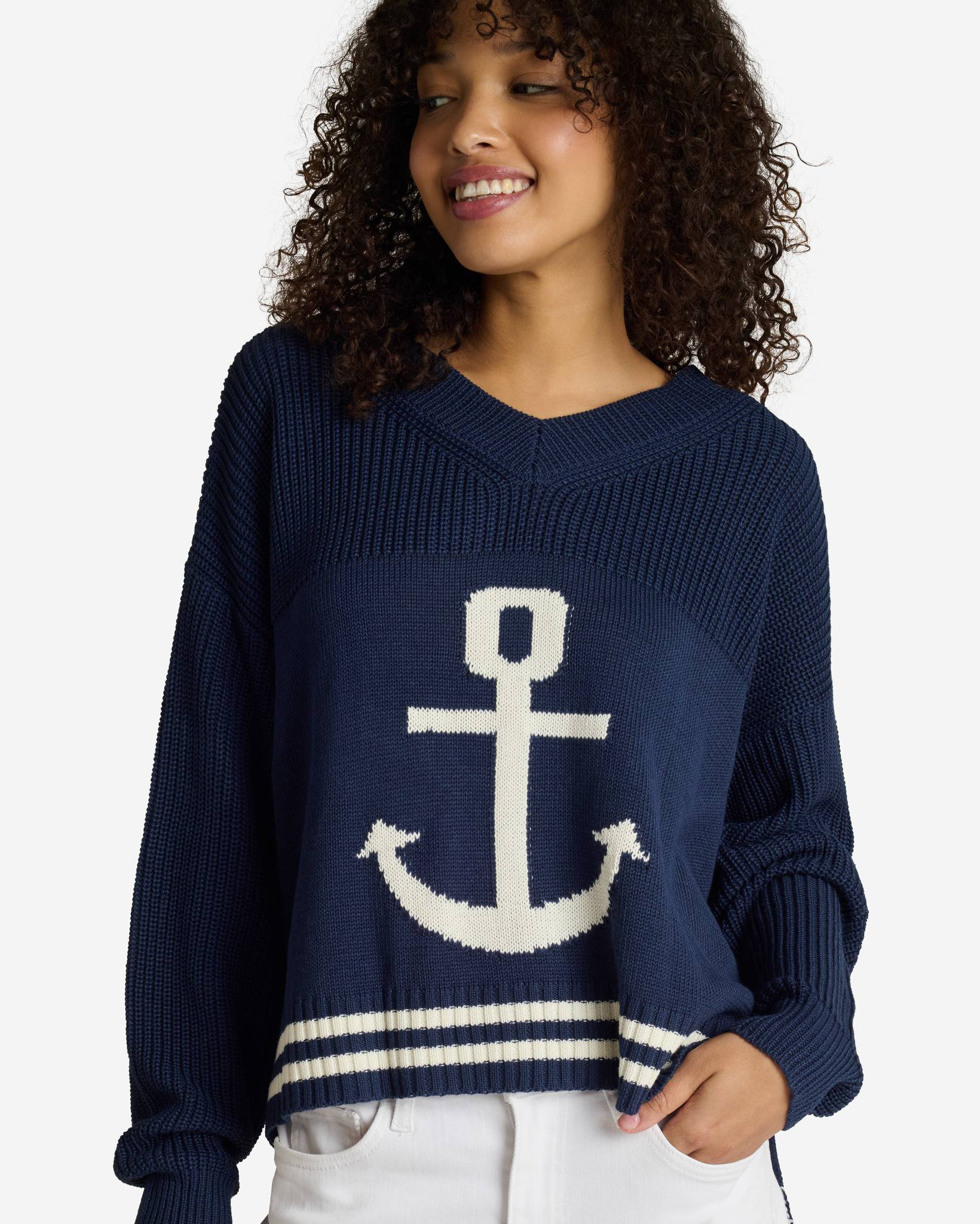 Intarsia White Anchor V-Neck Sweater in Navy | mia & tess | The 