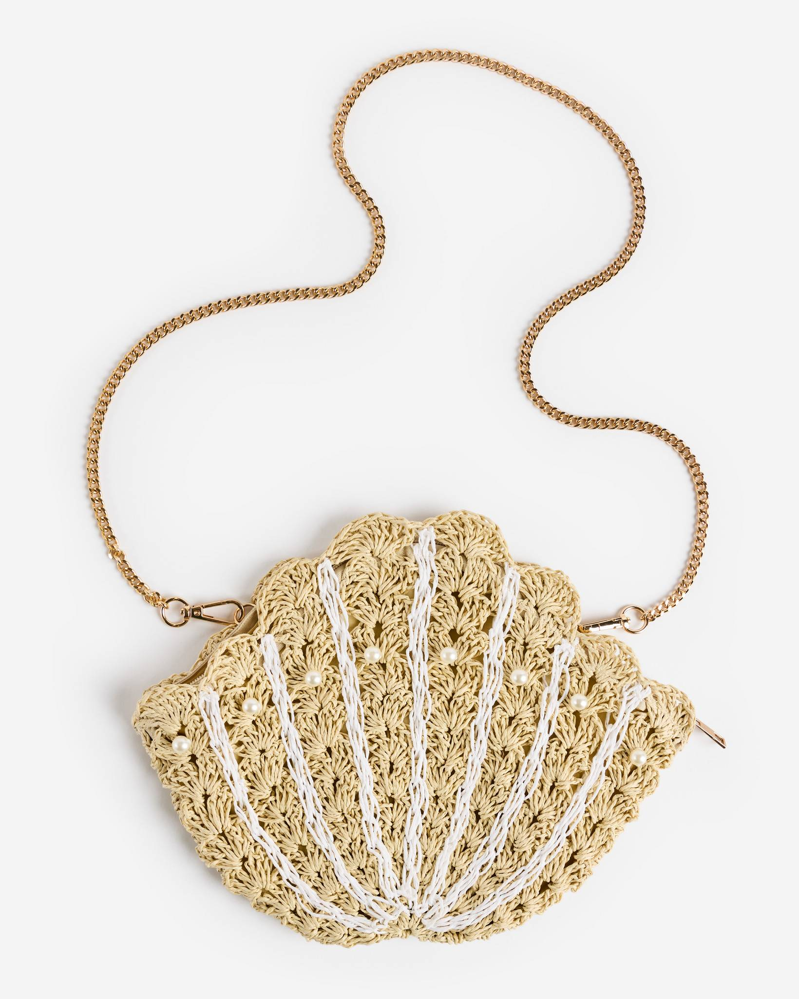 Shell Shaped Pearl Beaded Crossbody Bag in Tan | Stories Unknown | The ...