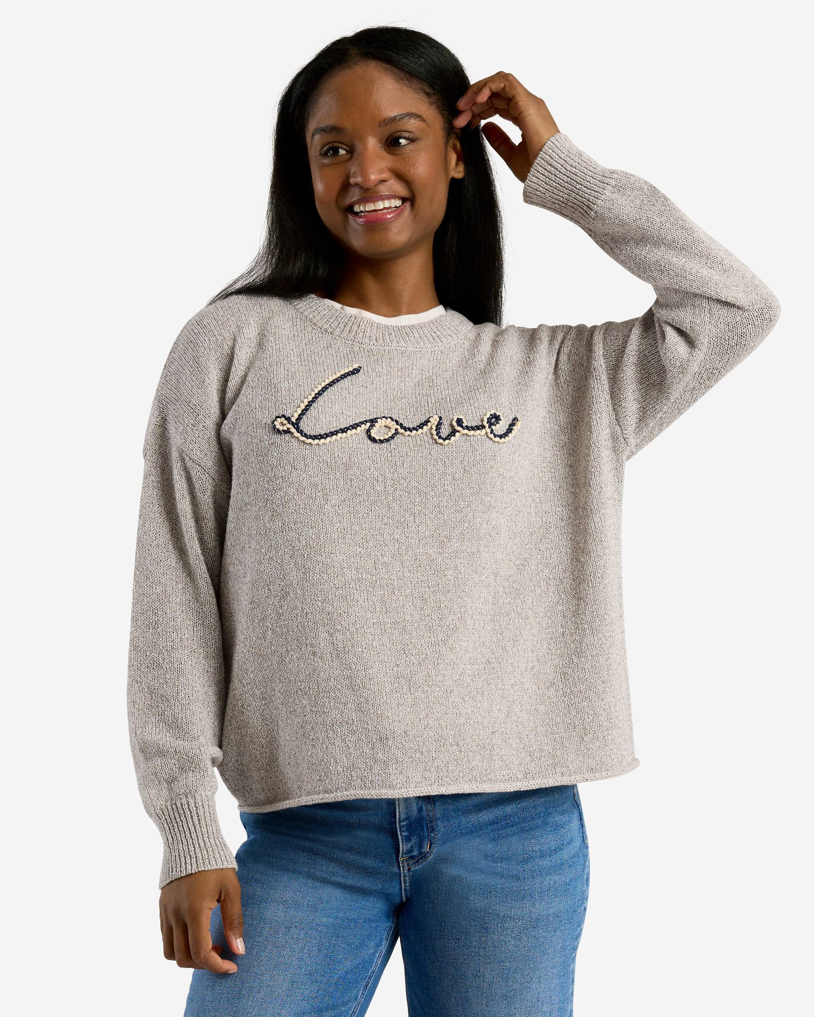 Love Stitched Lettering Pullover Sweater in Heather Grey | mia & tess ...
