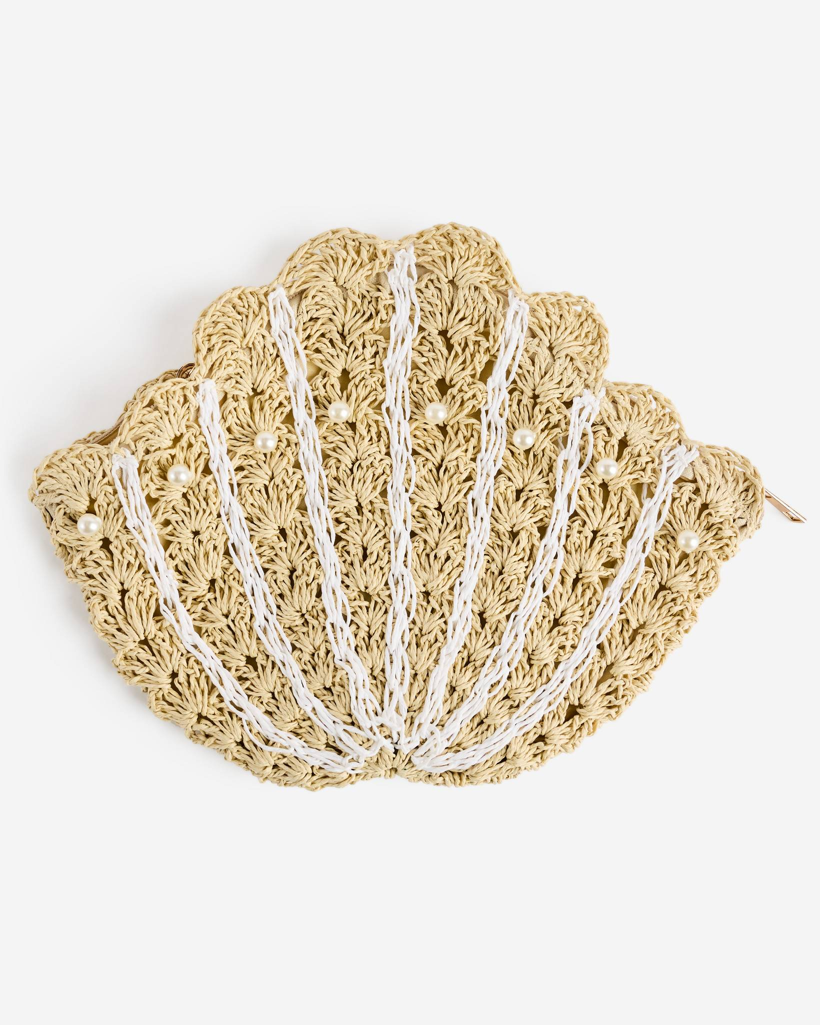 Shell Shaped Pearl Beaded Crossbody Bag in Tan | Stories Unknown | The ...