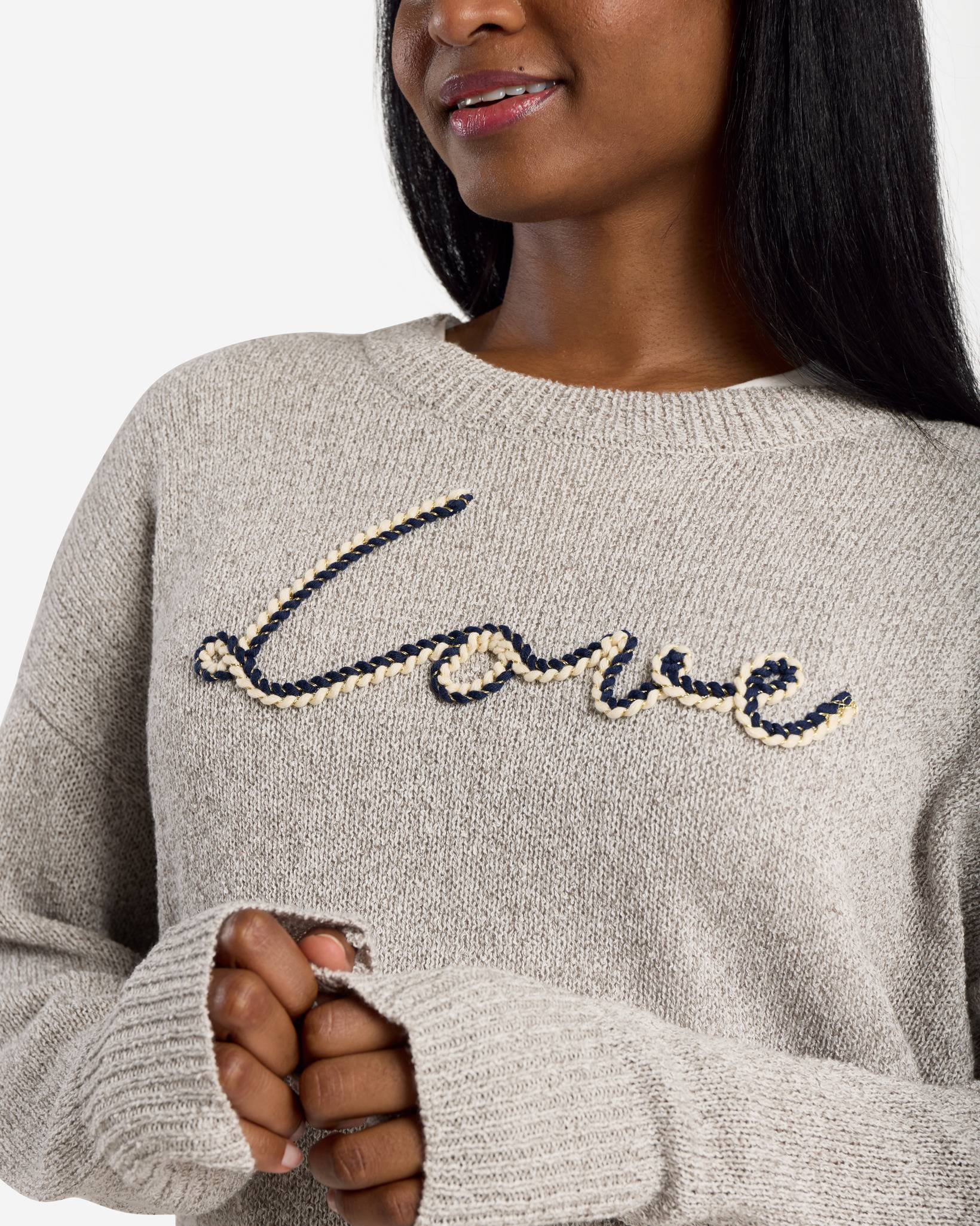 Love Stitched Lettering Pullover Sweater in Heather Grey | mia & tess ...