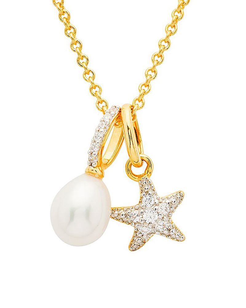 14KT Gold Vermeil Starfish and Pearl Necklace with Cubic Zirconia