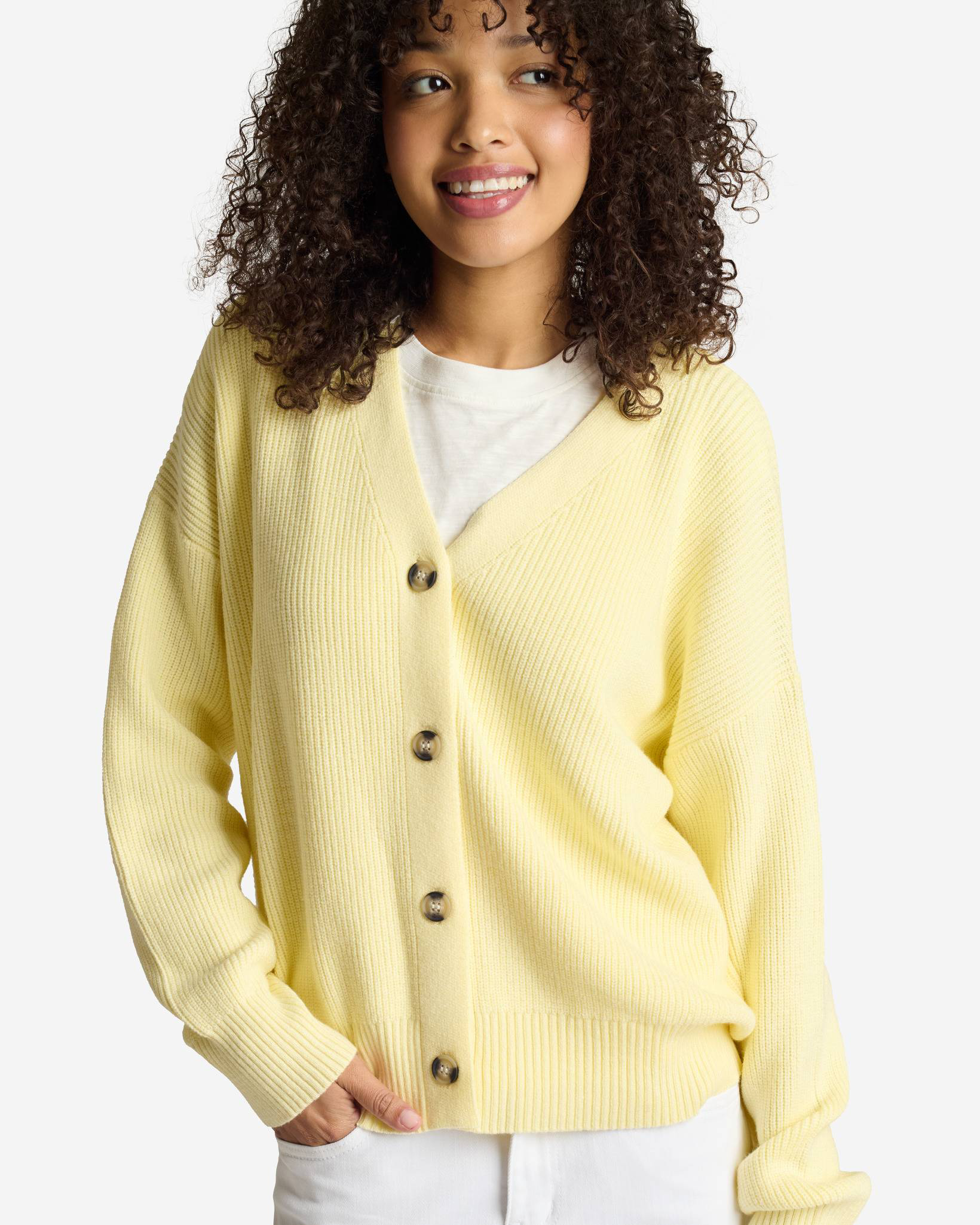 Vertical Knit V-Neck Cardigan in Yellow | mia & tess | The Paper Store