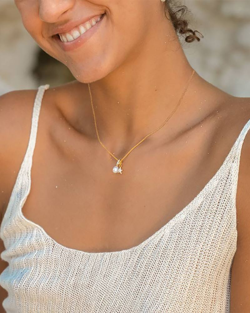14KT Gold Vermeil Starfish and Pearl Necklace with Cubic Zirconia