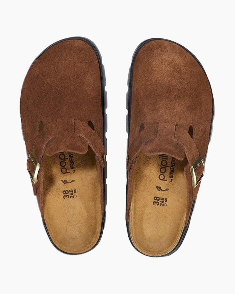Boston Chunky Suede Leather Clogs in Dark Tea | Birkenstock | The Paper ...
